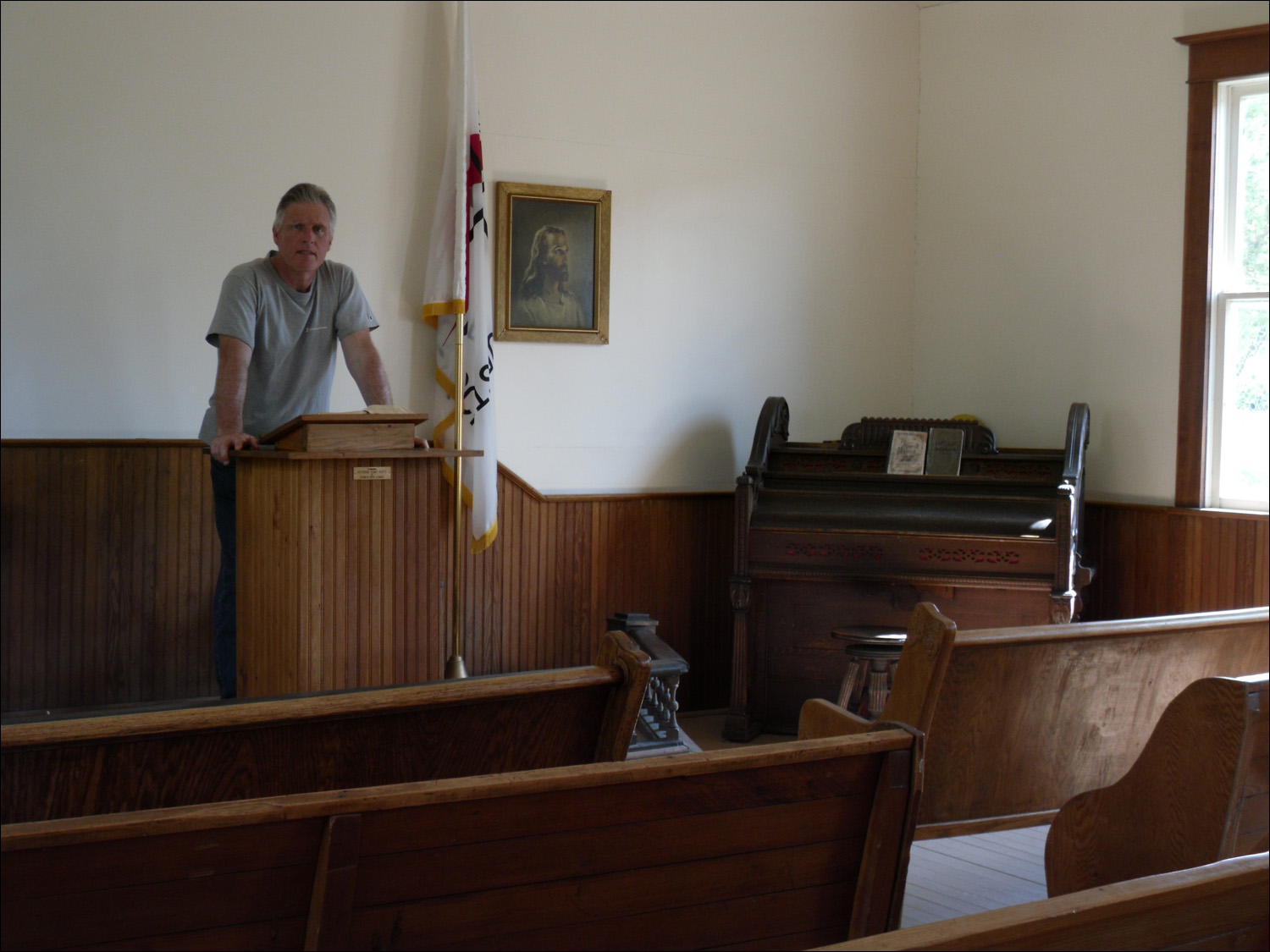 Fort Benton, MT Agriculture Museum-church building, Bob at pulpit